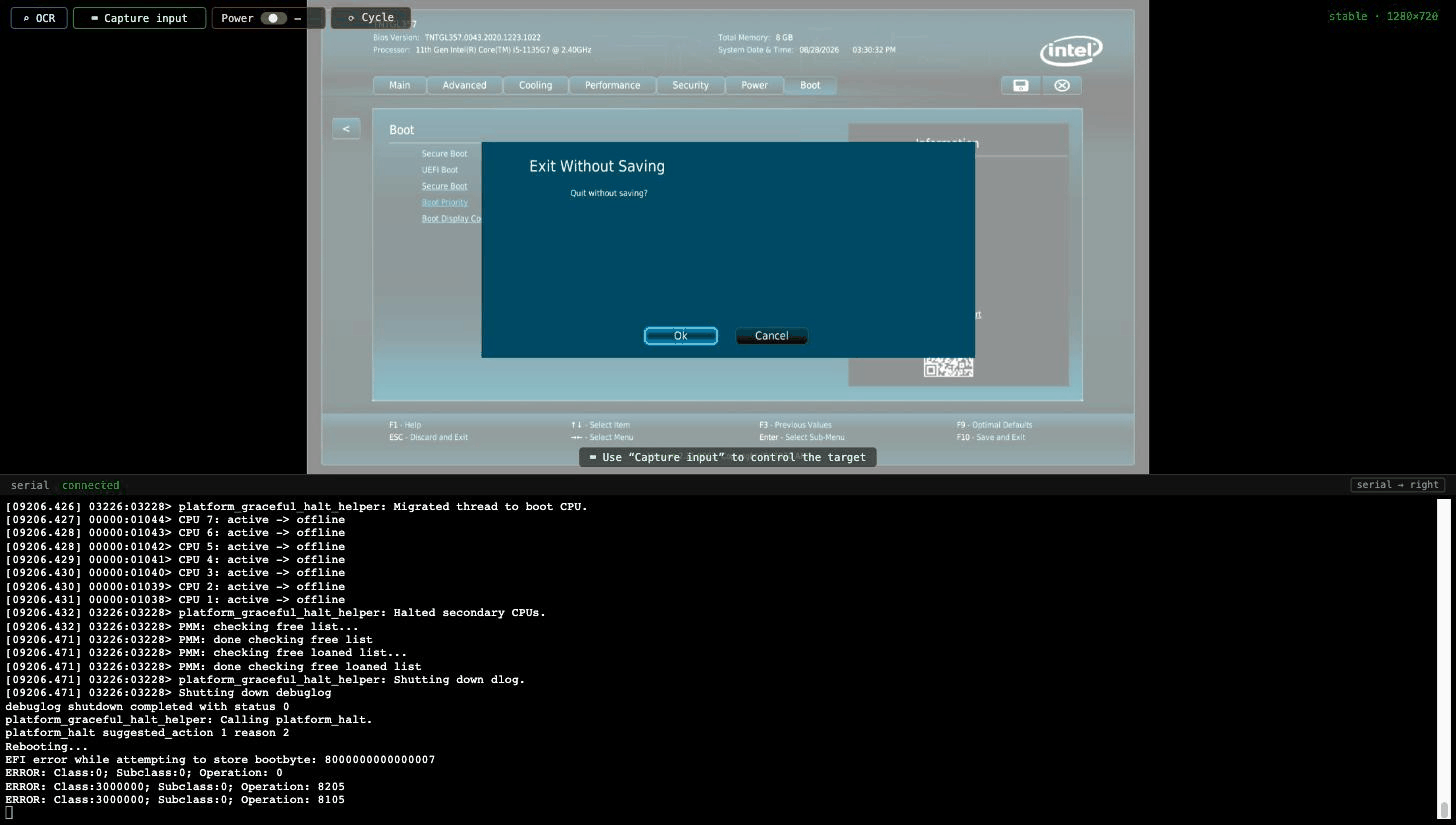 panio console: the NUC exits BIOS setup, POSTs, re-enters on F2, and is navigated to Boot Priority by mouse