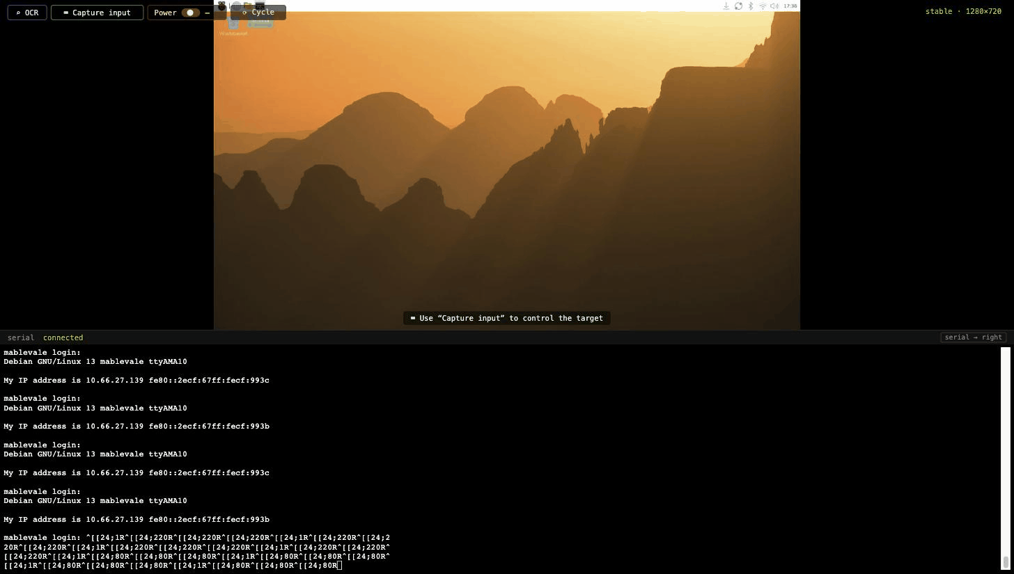 panio console: a terminal opens on the Pi desktop and text is typed into it by emulated HID