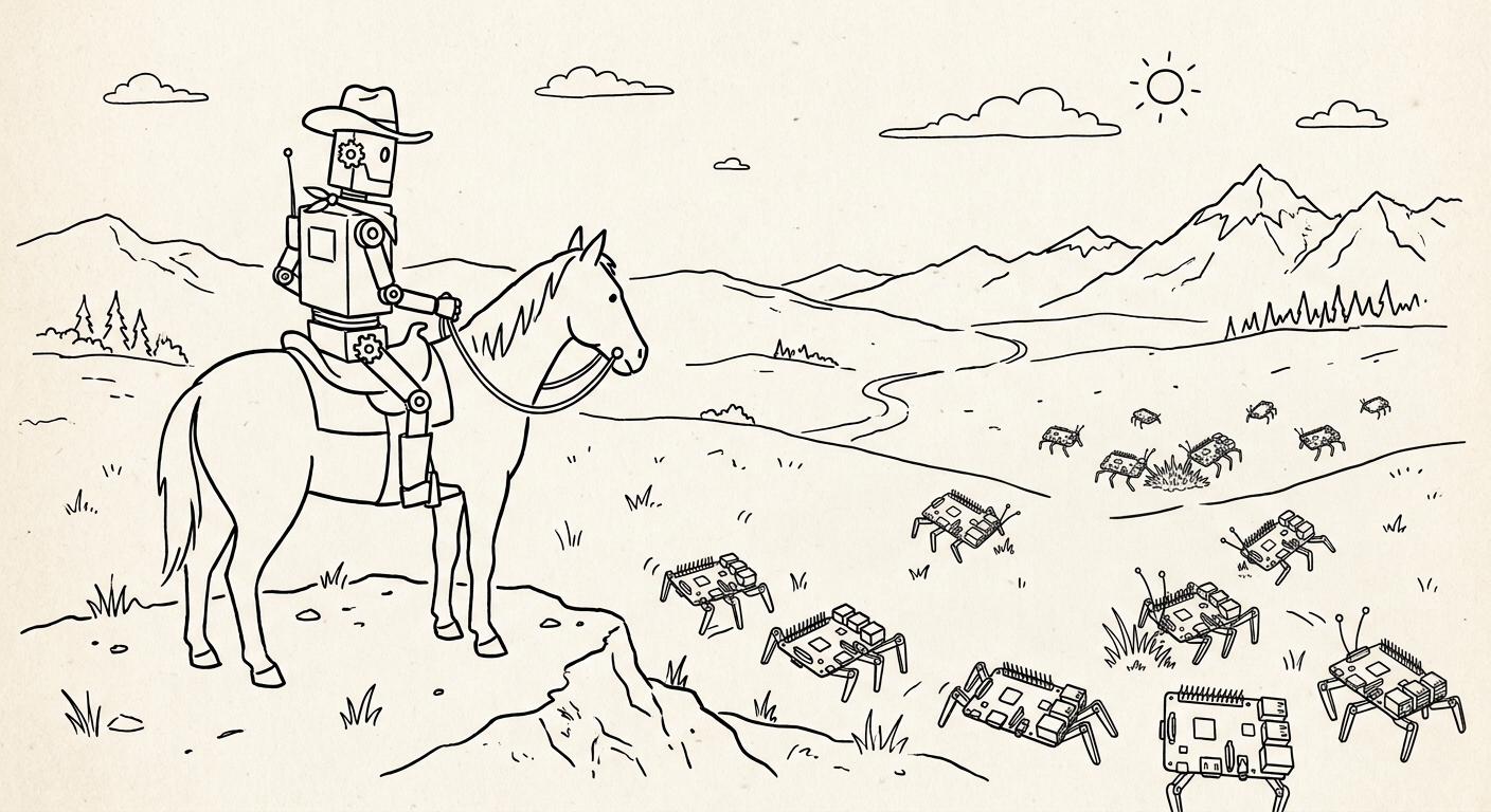 A robot cowboy on horseback surveys a herd of single-board computers grazing on the range